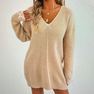Beige Knit Sweater Dress with Bow Accents